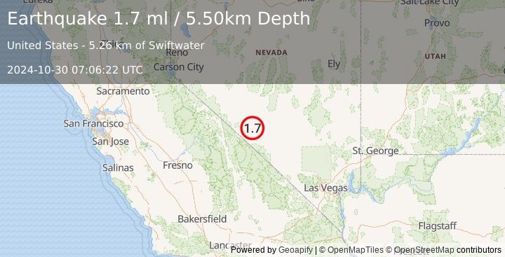 Earthquake 19 km WSW of Goldfield, Nevada (1.7 ml) (2024-10-30 07:06:22 UTC)