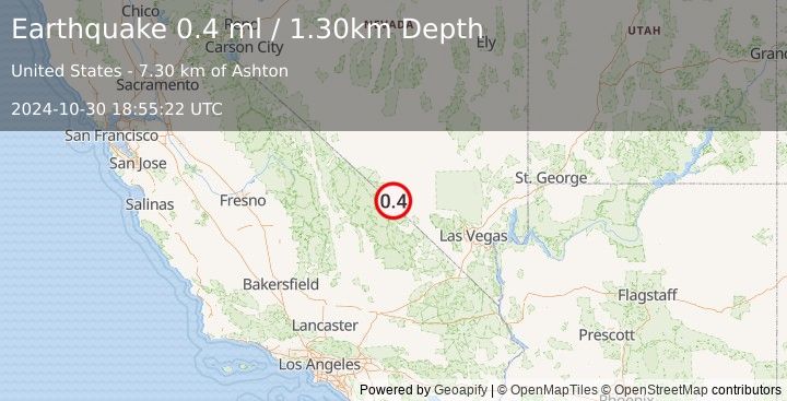 Earthquake 19 km S of Beatty, Nevada (0.4 ml) (2024-10-30 18:55:22 UTC)