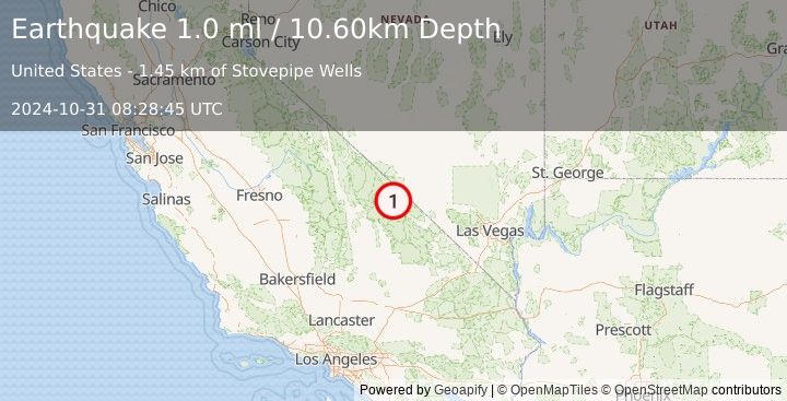 Earthquake 30 km NW of Furnace Creek, California (1.0 ml) (2024-10-31 08:28:45 UTC)