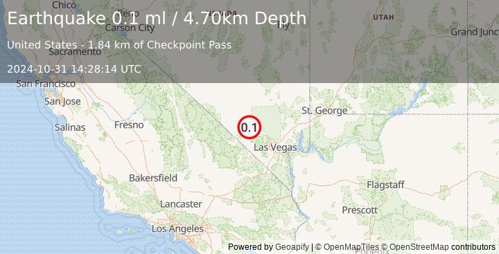 Earthquake 28 km WNW of Indian Springs, Nevada (0.1 ml) (2024-10-31 14:28:14 UTC)