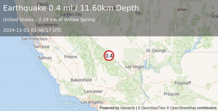 Earthquake 24 km WSW of Beatty, Nevada (0.4 ml) (2024-11-01 01:46:57 UTC)