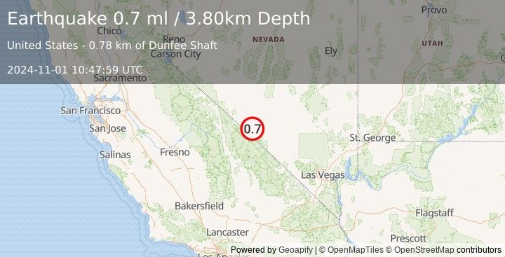 Earthquake 43 km SSW of Goldfield, Nevada (0.7 ml) (2024-11-01 10:47:59 UTC)