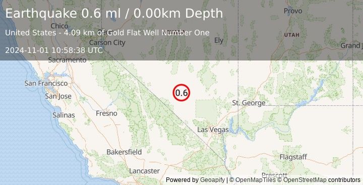 Earthquake 64 km NNE of Beatty, Nevada (0.6 ml) (2024-11-01 10:58:38 UTC)