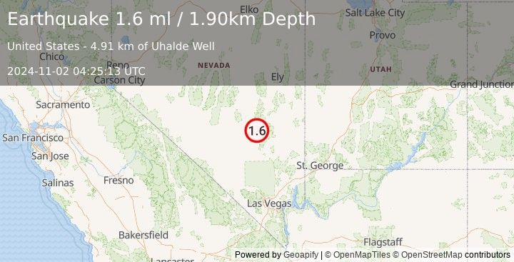 Earthquake 37 km NNE of Rachel, Nevada (1.6 ml) (2024-11-02 04:25:13 UTC)