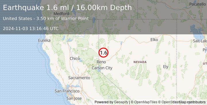 Earthquake 14 km NNW of Sutcliffe, Nevada (1.6 ml) (2024-11-03 13:16:46 UTC)