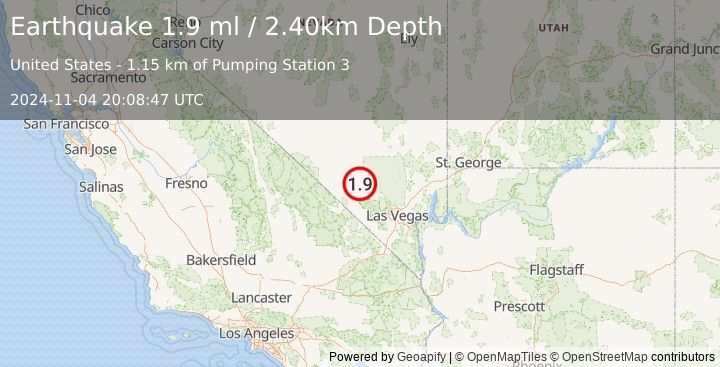 Earthquake 31 km WNW of Indian Springs, Nevada (1.9 ml) (2024-11-04 20:08:47 UTC)