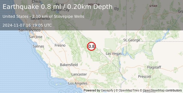 Earthquake 29 km NW of Furnace Creek, California (0.8 ml) (2024-11-07 16:19:05 UTC)