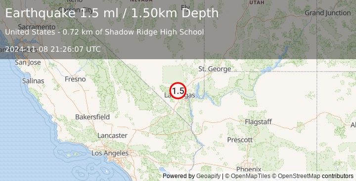 Earthquake 16 km NNW of North Las Vegas, Nevada (1.5 ml) (2024-11-08 21:26:07 UTC)