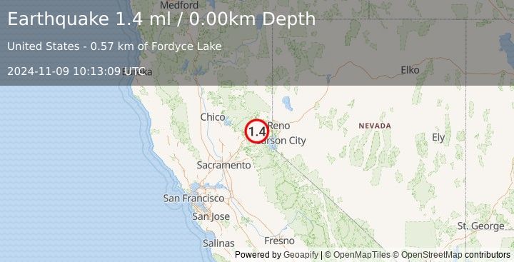 Earthquake 8 km NNW of Kingvale, California (1.4 ml) (2024-11-09 10:13:09 UTC)