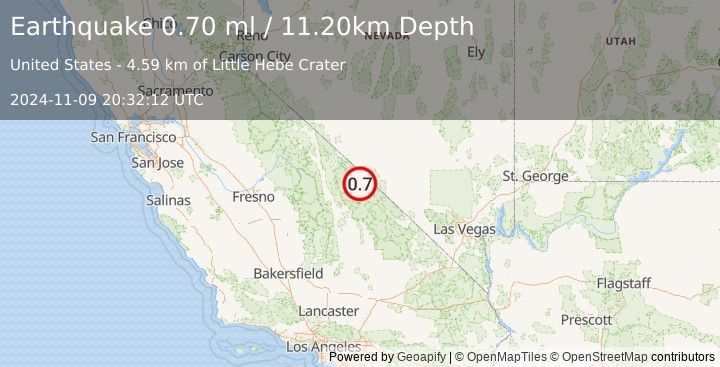 Earthquake 61 km W of Beatty, Nevada (0.7 ml) (2024-11-09 20:32:12 UTC)