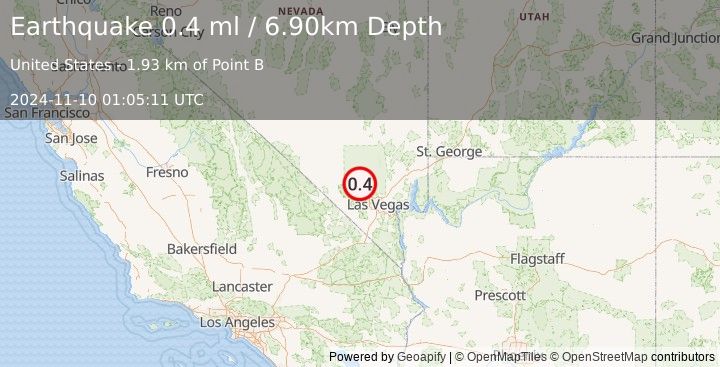 Earthquake 12 km ESE of Indian Springs, Nevada (0.4 ml) (2024-11-10 01:05:11 UTC)