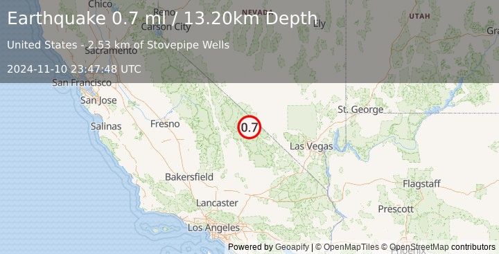 Earthquake 31 km NW of Furnace Creek, California (0.7 ml) (2024-11-10 23:47:48 UTC)