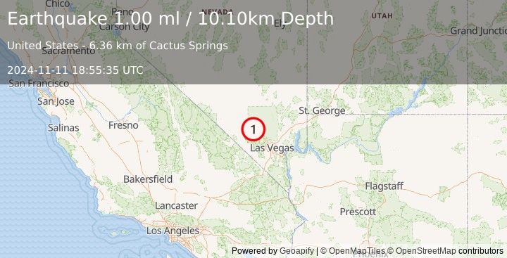 Earthquake 8 km NNW of Indian Springs, Nevada (1.0 ml) (2024-11-11 18:55:35 UTC)