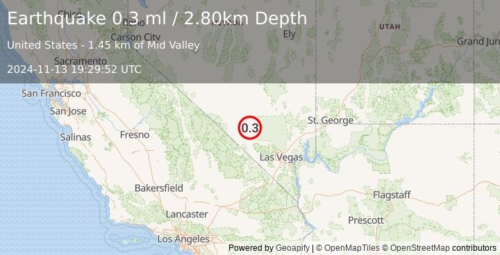 Earthquake 55 km E of Beatty, Nevada (0.3 ml) (2024-11-13 19:29:52 UTC)