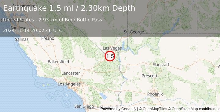 Earthquake 18 km SE of Goodsprings, Nevada (1.5 ml) (2024-11-14 20:02:46 UTC)