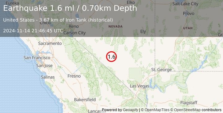 Earthquake 17 km NNE of Goldfield, Nevada (1.6 ml) (2024-11-14 21:46:45 UTC)