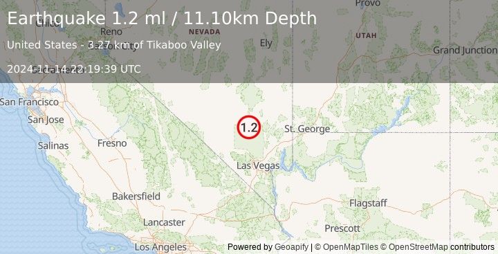 Earthquake 34 km SW of Alamo, Nevada (1.2 ml) (2024-11-14 22:19:39 UTC)