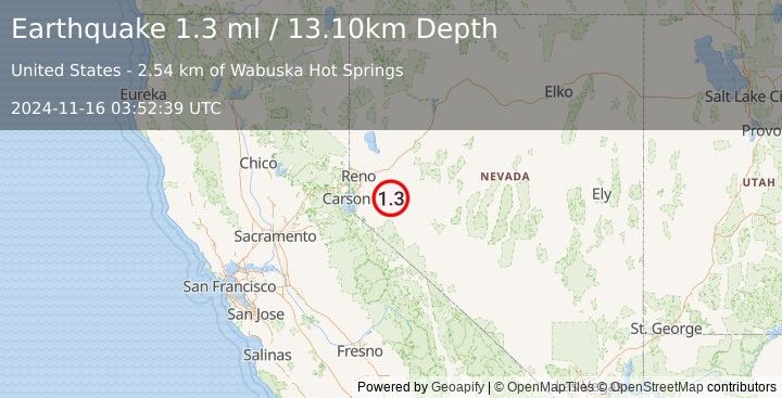 Earthquake 19 km N of Yerington, Nevada (1.3 ml) (2024-11-16 03:52:39 UTC)