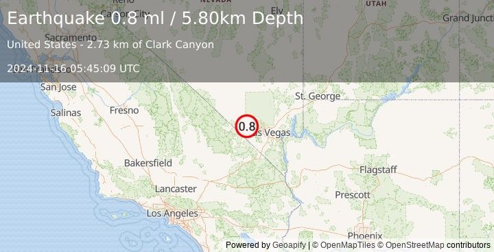 Earthquake 17 km NE of Pahrump, Nevada (0.8 ml) (2024-11-16 05:45:09 UTC)