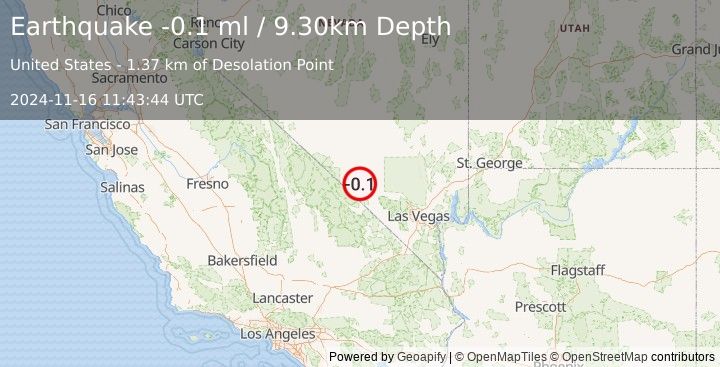 Earthquake 34 km ESE of Beatty, Nevada (-0.1 ml) (2024-11-16 11:43:44 UTC)