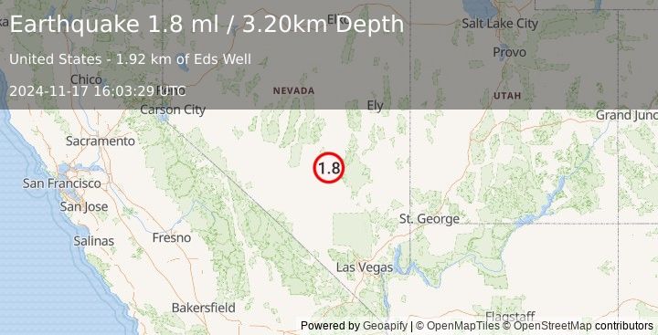 Earthquake 52 km NNW of Rachel, Nevada (1.8 ml) (2024-11-17 16:03:29 UTC)