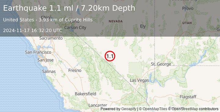 Earthquake 16 km S of Goldfield, Nevada (1.1 ml) (2024-11-17 16:32:20 UTC)