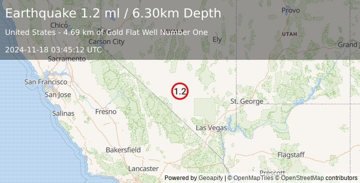 Earthquake 62 km NNE of Beatty, Nevada (1.2 ml) (2024-11-18 03:45:12 UTC)