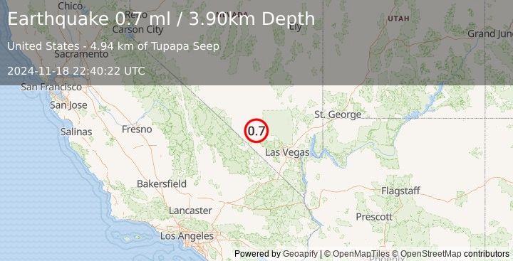 Earthquake 40 km WNW of Indian Springs, Nevada (0.7 ml) (2024-11-18 22:40:22 UTC)