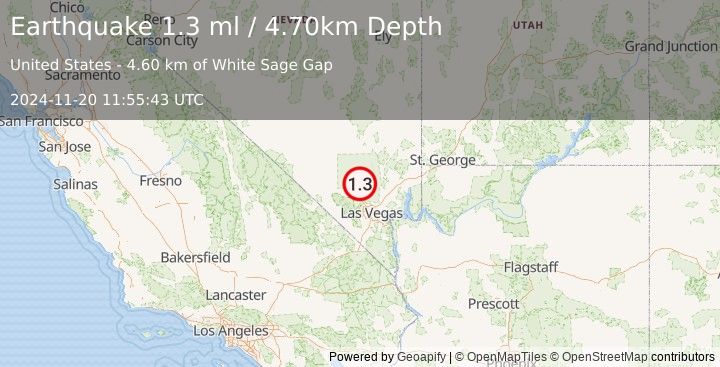 Earthquake 26 km ENE of Indian Springs, Nevada (1.3 ml) (2024-11-20 11:55:43 UTC)