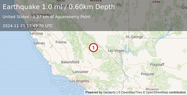 Earthquake 19 km WSW of Furnace Creek, California (1.0 ml) (2024-11-21 13:49:20 UTC)