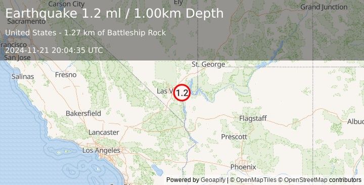 Earthquake 16 km NNE of Boulder City, Nevada (1.2 ml) (2024-11-21 20:04:35 UTC)