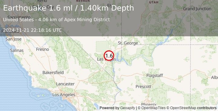 Earthquake 16 km NNE of Nellis Air Force Base, Nevada (1.6 ml) (2024-11-21 22:18:16 UTC)