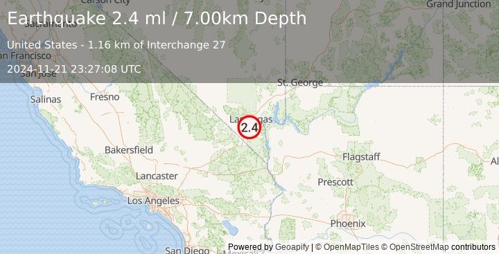 Earthquake 8 km SSE of Enterprise, Nevada (2.4 ml) (2024-11-21 23:27:08 UTC)