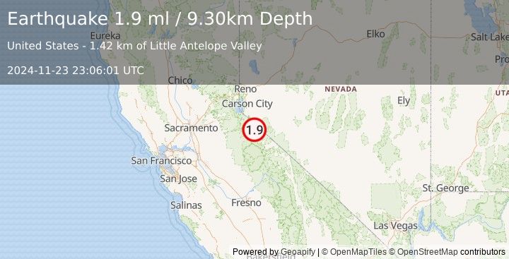 Earthquake 4 km SSW of Coleville, California (1.9 ml) (2024-11-23 23:06:01 UTC)