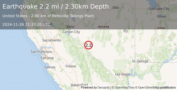 Earthquake 18 km SSW of Mina, Nevada (2.2 ml) (2024-11-26 21:33:20 UTC)