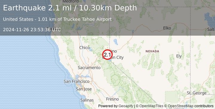 Earthquake 3 km E of Truckee, California (2.1 ml) (2024-11-26 23:53:36 UTC)