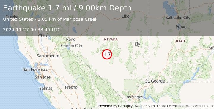 Earthquake 62 km S of Kingston, Nevada (1.7 ml) (2024-11-27 00:38:45 UTC)