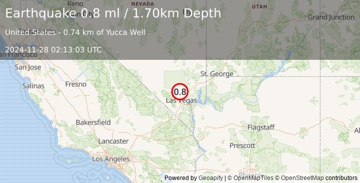 Earthquake 28 km NNW of Nellis Air Force Base, Nevada (0.8 ml) (2024-11-28 02:13:03 UTC)