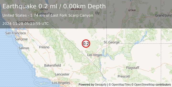 Earthquake 53 km NNW of Indian Springs, Nevada (0.2 ml) (2024-11-28 05:23:59 UTC)