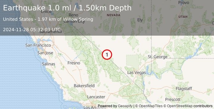 Earthquake 54 km S of Goldfield, Nevada (1.0 ml) (2024-11-28 05:32:03 UTC)