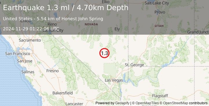 Earthquake 20 km NNW of Rachel, Nevada (1.3 ml) (2024-11-29 01:22:06 UTC)