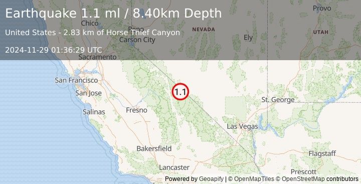 Earthquake 38 km SSE of Dyer, Nevada (1.1 ml) (2024-11-29 01:36:29 UTC)