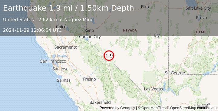 Earthquake 32 km NNE of Benton, California (1.9 ml) (2024-11-29 12:06:54 UTC)