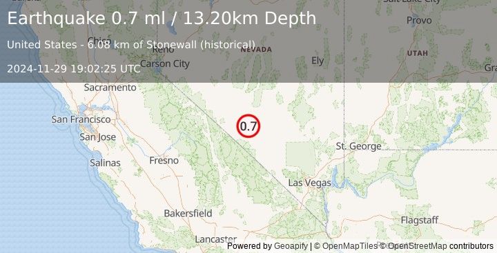 Earthquake 18 km SE of Goldfield, Nevada (0.7 ml) (2024-11-29 19:02:25 UTC)