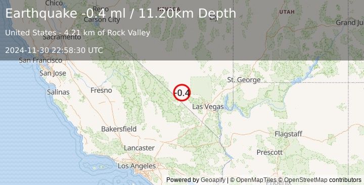 Earthquake 51 km ESE of Beatty, Nevada (-0.4 ml) (2024-11-30 22:58:30 UTC)