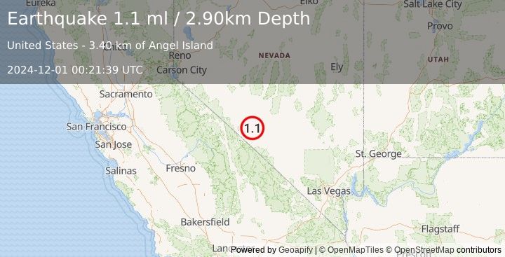 Earthquake 9 km ESE of Silver Peak, Nevada (1.1 ml) (2024-12-01 00:21:39 UTC)