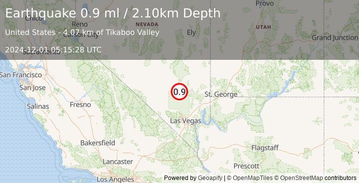 Earthquake 29 km SW of Alamo, Nevada (0.9 ml) (2024-12-01 05:15:28 UTC)