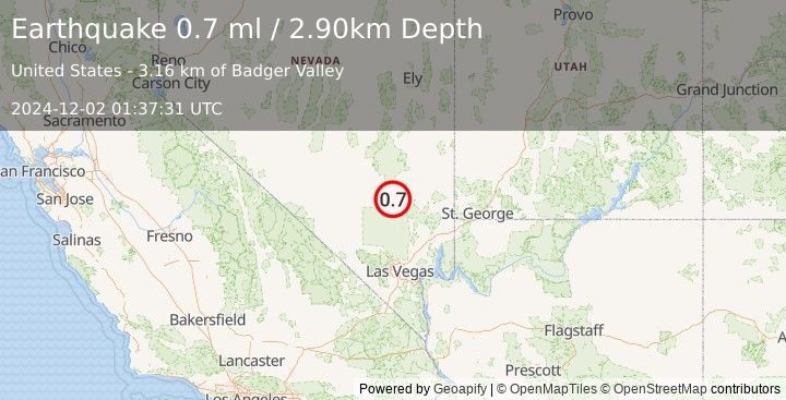 Earthquake 12 km WSW of Alamo, Nevada (0.7 ml) (2024-12-02 01:37:31 UTC)