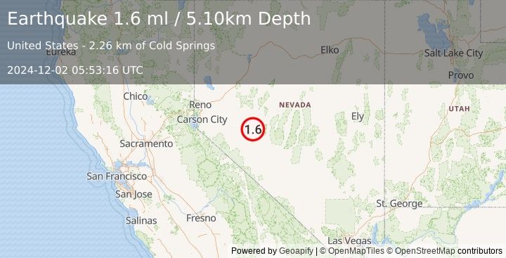 Earthquake 21 km WNW of Gabbs, Nevada (1.6 ml) (2024-12-02 05:53:16 UTC)