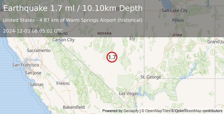 Earthquake 80 km NW of Rachel, Nevada (1.7 ml) (2024-12-03 08:05:02 UTC)